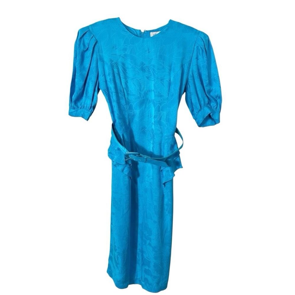 Argenti Women’s Vintage 80’s‎ 100% Silk Turquoise Jacquard Belted Dress Size 6